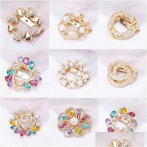 Pins Brooches Korean Fashion Gold Plated Simated Pearl Rhinestone Brooch Flower Collar Dressing Hijab Pins Jewelry Drop Deli Dh46P