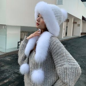 Kvinnor Real Mink Fur Hat Sticked Cap Beanie Warm Scarf Collor W Fox Fur BRIM