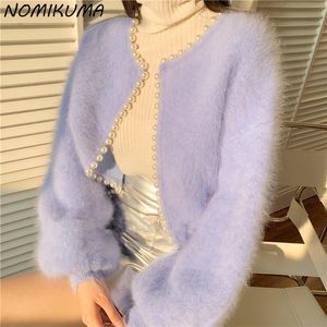 Cardigans Nomikuma Sweet Lantern Sleeve Mink Cashmere Sweater Knitted Cardigan Korean Beads 2021 New Causal Knitwear Open Stitch 6Z253