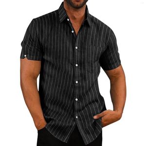 Camisas Casuais Masculinas Listrada Manga Curta Lazer Roupas Masculinas Verde Preto Lapela Camisa de Botão Homem Negócios Top Roupas Femininas