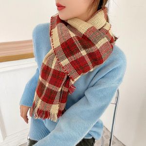 スカーフ2023韓国スタイルの両面格子縞のスカーフ女性冬クリスマスカシミアタッセルケープウォーム