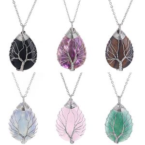 Life Tree Water Drop Pendant DIY Necklace Natural Crystal Stone Necklace Fashion Accessories Without Chain