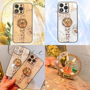 Bling Glitter Flower Clock Ring Bracket Stand Cases Shockproof Camera Lens Protection For iPhone 14 13 12 11 Pro Max XR XS X 7 8 Plus Samsung S21 S22 S23 Ultra