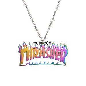 Pendant Necklaces New Fashion Punk Street Hip Hop Pendant Thrasher Titanium Steel Colorful Keel Chain Necklace Quenching Jewelry Wholesale J230601