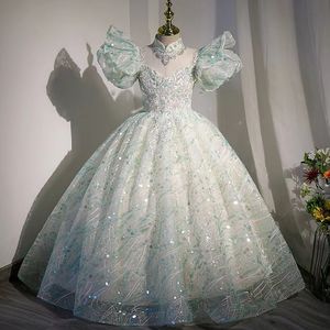 Abiti da ragazza di fiori fatti a mano carini Cintura con fiocco Perline Principessa Abito da damigella d'onore lungo per bambini Ragazza Abito da ballo da spettacolo Abiti da bambino vintage per comunione Boho Wedding