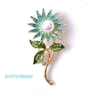 Brooches Elegant Jewelry Rhistone Sunflower Brooch For Women Painted Pearl Pin Blue Color Garments Ladies Daily Dress Accessories