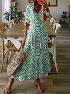 Grundläggande casual klänningar Bohemian Long Dress Women Summer Vintage Floral Print V Neck Half Sleeve Dresses Female Drawstring Loose Beach Dress 230531