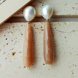 Studörhängen lii Ji 925 Sterling Silver Big Real Pearl Long Sunstone Drop Earring High Luster Baroque Women Jewelry