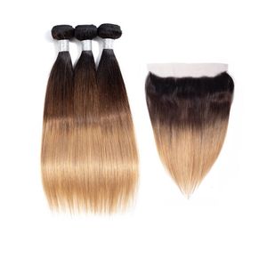 Malaysian Virgin Hair Double Wefts With 13X4 Lace Frontal Free Part 1B/4/27 Three Tones Color Body Wave 10-30inch