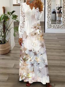 Casual Dresses Lace Patchwork Long Sleeve Spring Summer Women Maxi Dress Printing Elegant V-Neck Loungewear Ladies Party Drop