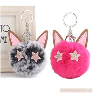 Nyckelringar päls boll nyckelringar kattöron stjärna ögon keyring fluffig väska charmshållare för kvinnor tjej hänge jul gåva drop leverans dhuwy