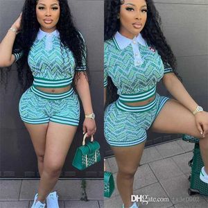 3XL 4XL Designer Summer Women Tracksuits Two Piece Sets Knitted Ribbed Printed Short Sleeve Top And Shorts Outfits Sweatsuits
