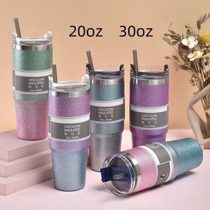 20oz 30oz Diamond Paint Trinkgläser Bling Bling Autobecher Wasserflaschen Reisekaffeetassen mit Deckel und Strohhalm Edelstahl isolierte Thermoskanne Flachbecher