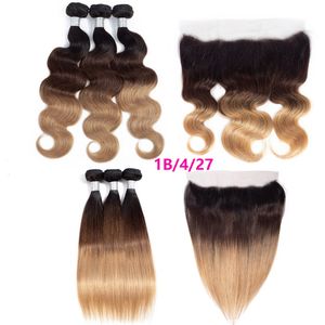 페루 생식기 머리카락 이중 wefts 13x4 레이스 정면 1b/4/27 3 톤 색상 100% 인간 머리 부드러운 스트레이트