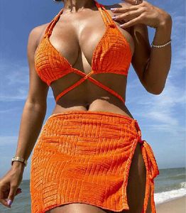 2023 New Summer Women Bikini Set Solid Color Tie-up Bra Low Waist Briefs with Slit Skirt Bathing Suit Towel Material Swimsuits