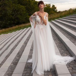 Modern broderad applikation Boho bröllopsklänningar avtagbara ärmar sommar brudklänning ren hals transparent kjol tyll vestidos de novia 326