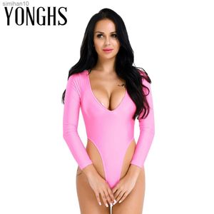 Frauen Dessous Sex Tanga Body Langarm Deep-V Sex Kostüm Hals High Cut Crotchless Sexy Tanga Trikot Bodysuit Overall L230518