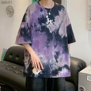 Mężczyźni Summer New Hip Hop Streetwear Modne T-shirty bawełniane ponadprzeciętne koszulki męskie Mens Casual Tie-Dye O-Neck Shird T Shirt L230520