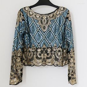 Women's Blouses Fashion Aumtumn Sequin Tops Long Sleeve Women See-through Sexy O-Neck Blusas Shirt Floral Beading Lady