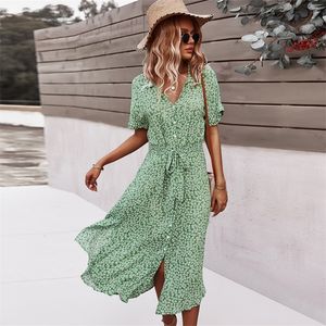 Basic Casual Dresses Women Beach Boho Summer Dress Vintage Floral High Waist Short Sleeve Dresses Button V-Neck Holiday Style Female Vestidos 230531