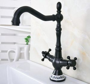 Kitchen Faucets Black Oil Rubbed Brass Double Handle Swivel Spout Taps Bathroom Sink And Cold Mixer Tap Basin Faucet Dnf646