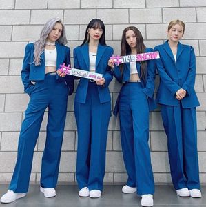 Tendência Pop Coreana Girls' Universe Fato Fácil para Cantar Grupo Azul Campus Games Jazz Performance de Palco Outwear Casaco Conjunto de Calças