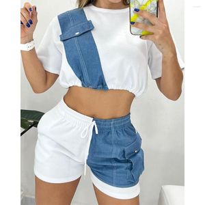 Damen-Trainingsanzüge, zweiteiliges Anzug-Set, lässige Damen-Farbblock-Denim-Patch-O-Ausschnitt, kurze Ärmel, C-Top-Oberteil, Kordelzug-Shorts-Outfits