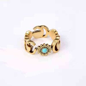 Yeni 2023 tasarımcı mücevher bileklik kolye aksesuarları papatya yüzüğü bronz çiçek turkuaz yüzüğü çiftler için
