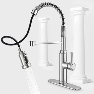 Kökskran - Spring Kitchen Sink -kran med 3 -läge Pull -Down Sprayer Enkel handtag och däck för 1 eller 3 hål 360 ° Rotation Spotbeständig rostfritt stål utan bly