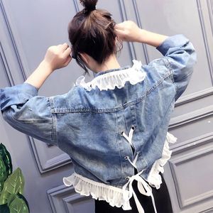 Damenjacken Rüschenjacke Zurück Schnürung Herbst Denim Einreiher Spitzenmantel Studentinnen Koreanische lose Oberbekleidung