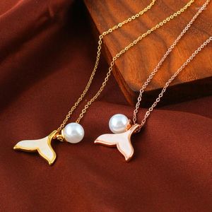 Chains 316L Stainless Steel Fish Tail Pearl White Shell Pendant Charms Chain Choker Necklace For Women Fashion Fine Jewelry SAN623