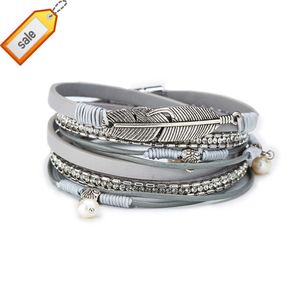 Mode kvinnliga smycken Boho Tan Multilayer Stackbar Wrap Armband Cuban Chain Sparkle With Pearl Leather Bead Armband Men