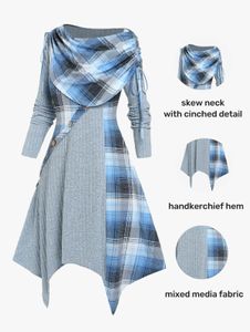 Sukienka Rosegal Fall Winter Damskie sukienki Dzianinowe sukienki Nowe szaszły kołnierzyki długie rękawy Sinked Foldover Plaid Chusteerchief Sukienka Vestidos 5xl