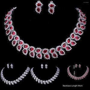 Halskette Ohrringe Set JMK Luxus Dubai Roter Rubin Zirkon Schmuck Versilbert Ohrringe Sets Braut Hochzeit Für Frauen