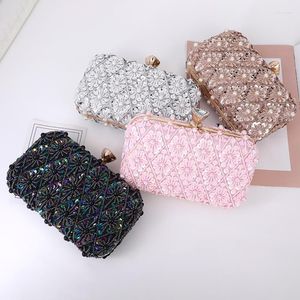 Evening Bags European Hand-woven Beading Sequined Women Pink White Navy Mini Clutches Purse And Handbags Wedding Shoulder