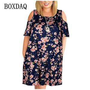 Podstawowe sukienki swobodne 8xl 9xl Duży rozmiar Summer Kobiety Sexy Off Rameer Floral Print Sukienka Kieszenia Kieszenia Losowa Plus Plus Ubranie 230601