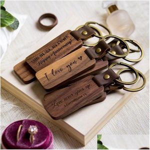 Keychains Lanyards Personalized Leather Keychain Pendant Beech Wood Carving Lage Decoration Key Ring Diy Thanksgiving Fathers Day Dhpmd
