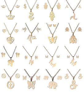 16 estilos Conjuntos de joyas de acero inoxidable 316L Corona Cráneo mariposa Elefante Corazón colgante collar Conjunto de aretes para mujer Moda Je1994182