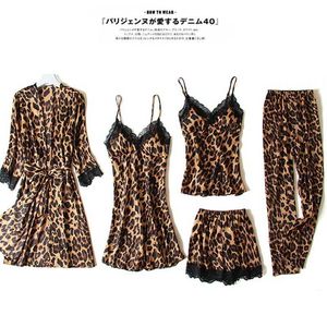 Сексуальная пижама 5pc шелковая одежда для сна, женская кружевная атласная пижама, набор платье Cami Nighties wear Pijama Home Nightwear Sexy Leopard Nightdress J230601