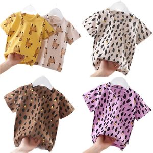 Tshirts Childrens Leopard Print Cotton Phortsleeved Tshirt Summer Style Summer Style Boy Girl Baby Fashion Trend Top P4220 230601
