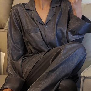 Kvinnors sömnkläder 2023 Ice Silk Spring Summer Women's Pyjamas Set Solid Long Sleeve Top and Pants Passar Casual PJS Lounge Set Home Wear