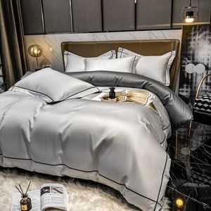 Egyptisk bomullsbäddsuppsättning Luxury Grey Hotel Däcke Cover Set Rand Brodery Quilt Cover Soft Flat Bed Sheet Pillow Cases Home Textile Twin Queen King Size