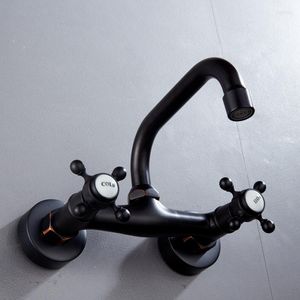 Bathroom Sink Faucets Oil Rubbed Bronze Wall Mount Kitchen Faucet 360 Rotatable Spout 2 Hole Double Cross Handles Mixer Tap