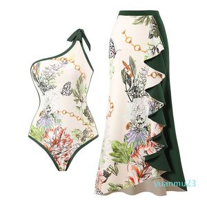 Conjunto biquíni feminino push up saia biquíni estampado floral com tiras bandagem roupa de banho biquíni brasileiro maiô