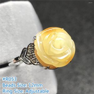 Cluster Rings Natural Yellow Amber Ring Jewelry For Woman Lady Men Love Gift Crystal Silver Stone Flower Carved Beads Adjustable