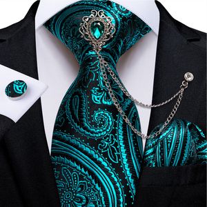 Design Neck Ties Teal Blue Paisley Floral Silk 8cm Mens Wedding Party Business Neckie Hanky ​​Brosch Cufflinks Set Cravat Dibangu 230601 Tie