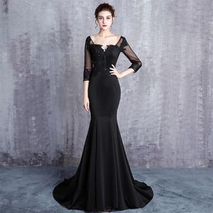 Abiti da sposa lunghi a sirena nera con maniche a 3/4 2019 Nuovi abiti da sposa eleganti da donna con maniche a illusione in pizzo con perline291f