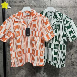 Mäns casual skjortor rhude skjortor män kvinnor 1 1 strand snabb torkning lapel casual kort ärm checkerbräda full tryck blå orange grön rhude skjorta t230602