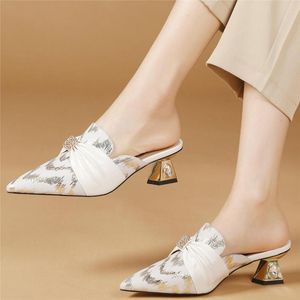 Dress Shoes Crystals Wedding Slippers Women Slip On Genuine Leather High Heel Gladiator Sandals Female Pointed Toe Party Pumps Casual