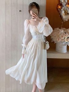 Casual Dresses Gentle Style Square Neck White Bubble Sleeve Dress Women's Spring Waist Long Skirt